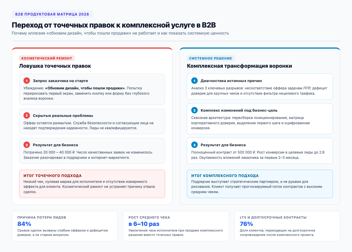 Переход от точечных правок к комплексной услуге в B2B: сравнение косметического ремонта и системной трансформации воронки